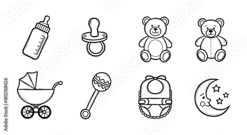 Adorable baby essentials in simple black and white outline design