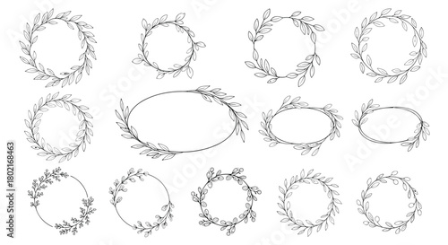 Collection of delicate hand-drawn floral wreaths and frames in a minimalist sketch style, perfect for invitations, decorations, and botanical designs.