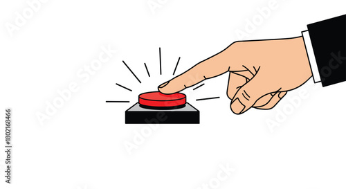 A hand presses a large, bright red button on a black base, with radiating lines suggesting activation or impact, symbolizing decision making.