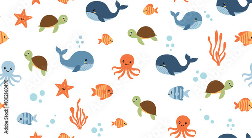 Cheerful seamless pattern featuring adorable marine life including whales, turtles, octopuses, fish, starfish, and coral on a clean white background.