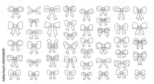 Collection of hand-drawn bows and ribbons in various styles, perfect for gift wrapping, crafting, and decorative design elements, presented in black and white.