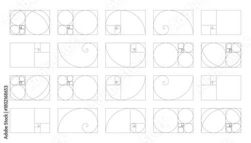 Collection of horizontal golden ratio harmony proportions templates. Fibonacci numbers template, array set.