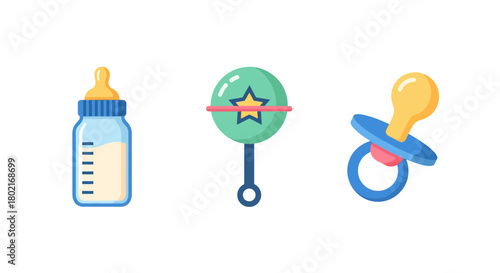 Colorful baby essentials: bottle, rattle, and pacifier in flat design