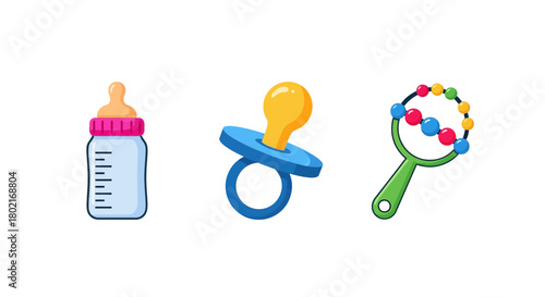 Baby essentials: colorful bottle, pacifier, and rattle icons for child care