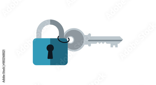 A flat design illustration depicts a silver key unlocking a teal padlock, symbolizing security, access, and solutions to problems or challenges.