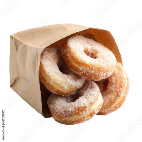 Wallpaper Mural Świeże pączki opruszone cukrem pudrem w papierowej torbie na białym tle do promocji piekarni i deserów Torontodigital.ca
