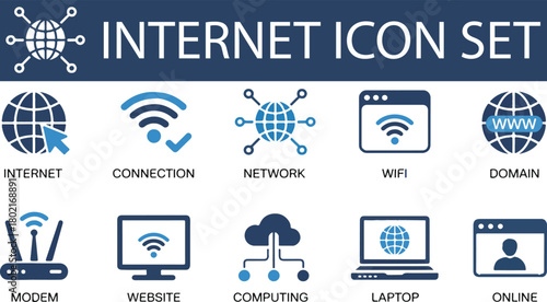 Internet Icon Set. Website, Link, Data, Web, Online, Domain, Technology, Modem, VPN, Hosting, Connection and More. Solid Vector Icons Collection