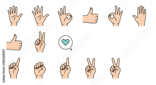 Collection of diverse hand gestures and signs representing communication, positivity, and various numerical values, ideal for design projects.