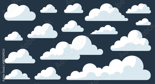 A collection of fluffy white clouds against a dark blue background, creating a serene and whimsical sky scene for various design projects.
