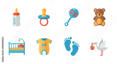 Cute baby essentials set: colorful icons of toys, clothes, and accessories