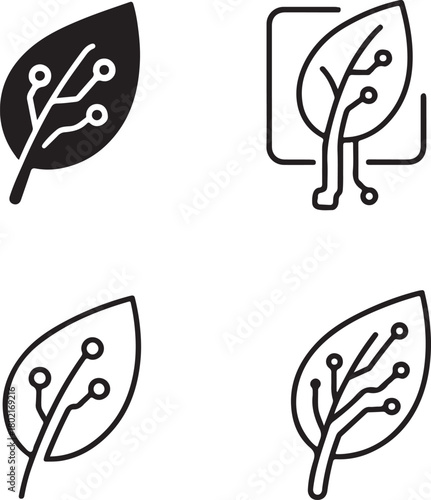 Isolated Leaf Circuit Icons black vector set, leaf, nature, eco, digital leaf, minimal circuit, thin stroke, tech leaf, smart chip, vector isolated for stock buyers