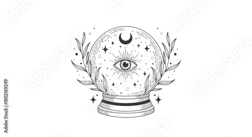 Detailed illustration of a crystal ball featuring an all-seeing eye, crescent moon, and celestial stars, surrounded by botanical elements.