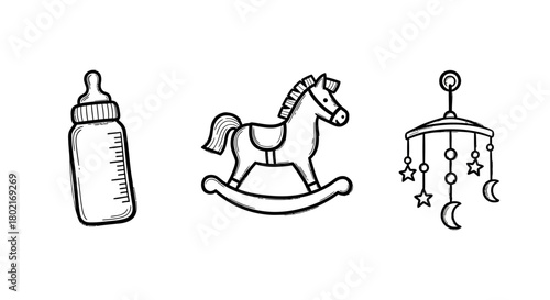 Hand-drawn baby essentials: bottle, rocking horse, and mobile for nursery design