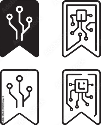 Isolated Bookmark Circuit Icons black vector set, bookmark, favorite, save page, digital bookmark, minimal circuit, thin stroke, tech bookmark, smart chip, vector isolated for buyers