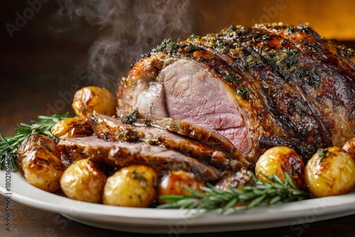 Roast lamb leg garnished with fresh herbs, served on white plate alongside roasted potatoes. Concept of luxury and indulgence, showcasing slow-roasted lamb with garlic.