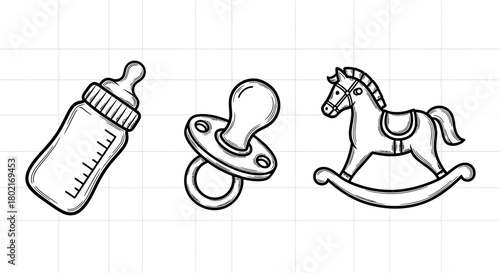 Hand drawn baby essentials: bottle, pacifier, rocking horse on grid background