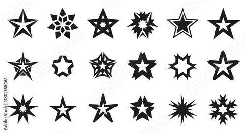 Collection of diverse black starburst and star shapes arranged in a grid, offering a variety of pointed and spiky designs for graphic projects.