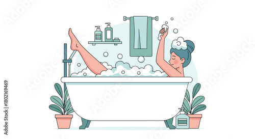 A woman relaxes in a bubbly bath, enjoying a moment of self-care with bath products and plants surrounding the serene scene.