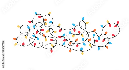 A tangled string of colorful Christmas lights sprawls across a white background, evoking festive cheer and the playful chaos of holiday decorating.