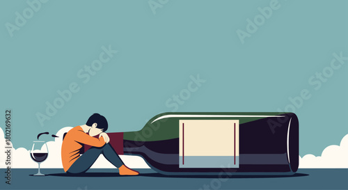 A despondent person sits with their knees drawn up against a massive wine bottle, a half-full glass nearby, suggesting struggles with alcohol and sadness.
