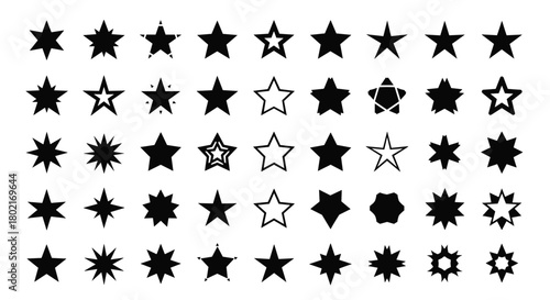 A diverse collection of black and white star shapes arranged in a grid pattern, showcasing various point counts and designs for graphic design projects.
