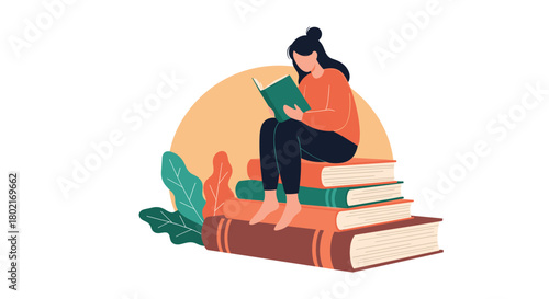 A young woman sits comfortably atop a stack of books, deeply engrossed in reading a vibrant green volume, illustrating a love for literature and learning.
