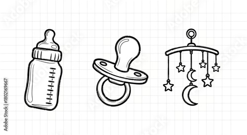 Infant essentials outline collection: baby bottle, pacifier, and mobile