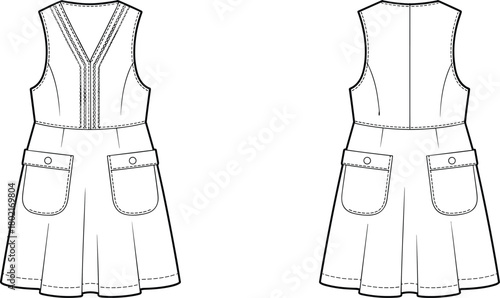 Sleeveless dress technical sketch, front and back view, V-neckline, pleated skirt, patch pockets, fitted waist, fashion illustration, garment construction drawing
