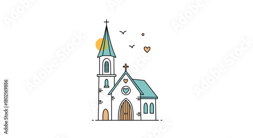 Charming illustration of a quaint church with a steeple and flying birds, radiating a peaceful and loving atmosphere, perfect for faith-based designs.