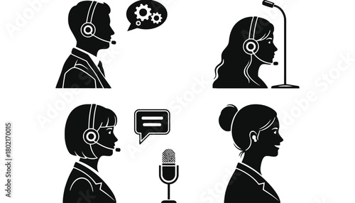 Four silhouettes of people with headsets and communication symbols around