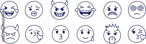 Collection of hand drawn cartoon faces expressing a variety of emotions and moods in a simple line art style