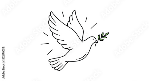 A graceful white dove in flight carries an olive branch, symbolizing peace and hope with radiating lines suggesting movement and serenity.