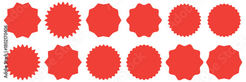 Sale sticker, price tag, starburst icon set, Set of red starburst. Price sticker, sale sticker, price tag, starburst, quality mark, retro stars, sale. Circle sticker set. Wavy edge promo red badges 