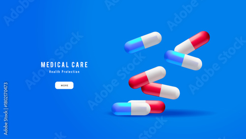 Background with realistic 3d capsules. Medical, pharmacy, healthcare, hospital, clinic, telemedicine, insurance, biotechnology concept. Vector illustration.
