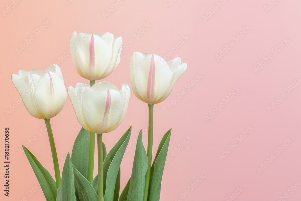 Fototapeta premium Four white flowers with pink stems are arranged in a vase
