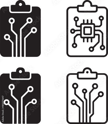 Isolated Clipboard Circuit Icons black vector set, clipboard, notes, list, digital clipboard, minimal circuit, thin stroke, tech clipboard, smart chip, vector isolated for stock buyers