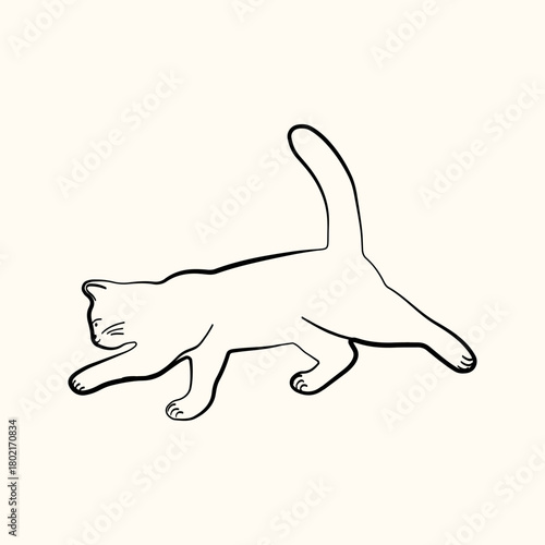 Whimsical doodle cat pose vector illustration. Cute kitten, hand drawn linear cat in different poses sitting, sleeping, playing and jumping