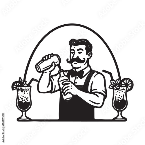 Vintage Bartender with Mustache Shaking Cocktail Drink Icon.