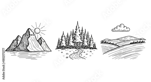 Hand drawn scenic landscapes featuring mountains, forests, and fields