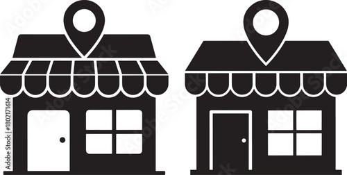 Two storefronts with location pin silhouette
