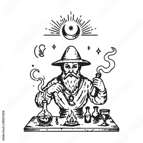 Vintage Alchemist Wizard Brewing Potion with Magical Smoke.