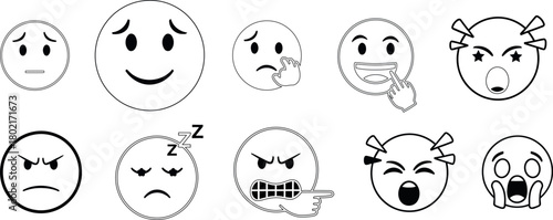 Collection of hand drawn emoji faces expressing various emotions and feelings in black and white