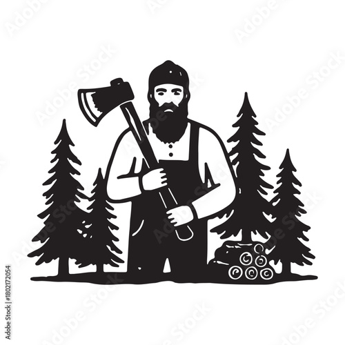 Vintage Bearded Lumberjack Holding Axe in Pine Forest.