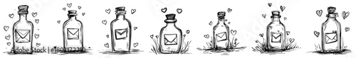 Hand drawn message in a bottle set Doodle sketch of love letters in glass jars for Valentines Day design Vector illustration