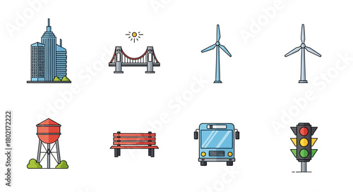 Urban icons set with cityscape, transportation, and infrastructure elements in flat design