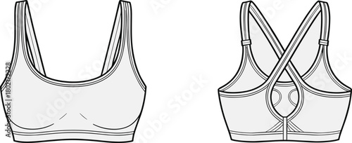 Sports bra technical sketch, front and back view, scoop neckline, crisscross straps, back cutout detail, fashion flat, garment construction, vector illustration