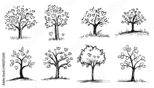 Love tree sketch collection Hand drawn vector set of trees with heart shaped leaves