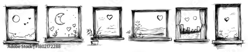 Romantic window view sketch set Hand drawn vector collection of windows with heart and nature scenes