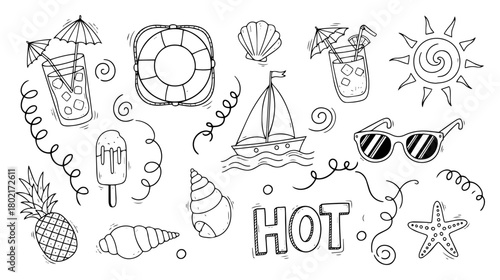 Hand drawn summer doodle set Collection of beach vacation icons including cocktail boat and sun Vector sketch illustration