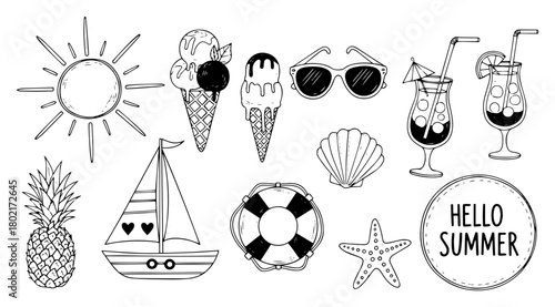 Hello Summer doodle icon set Hand drawn vacation elements with sun ice cream and sailboat Vector illustration